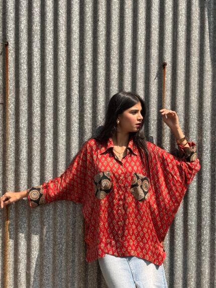 Ajrakh Handblocked Model Silk- Oversized Shirt