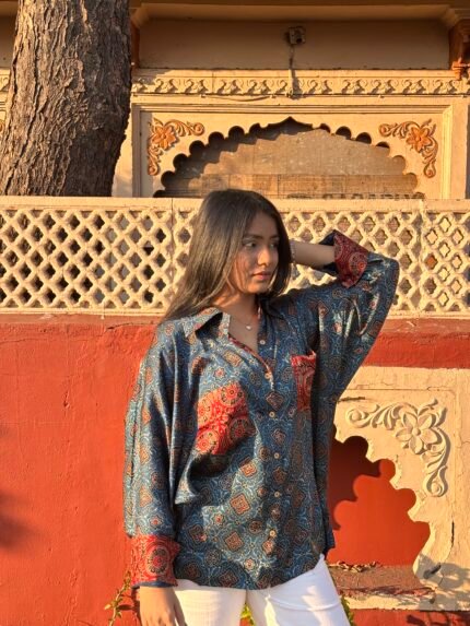 Ajrakh Handblocked Model Silk- Oversized Shirt