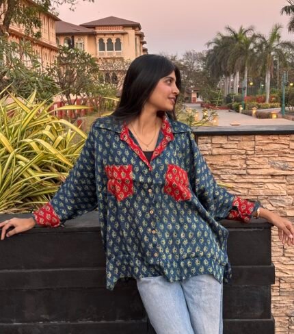 Ajrakh Handblocked Model Silk- Oversized Shirt