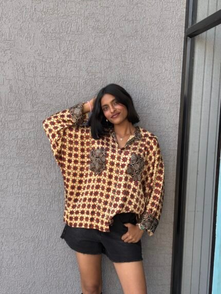 Ajrakh Handblocked Model Silk- Oversized Shirt